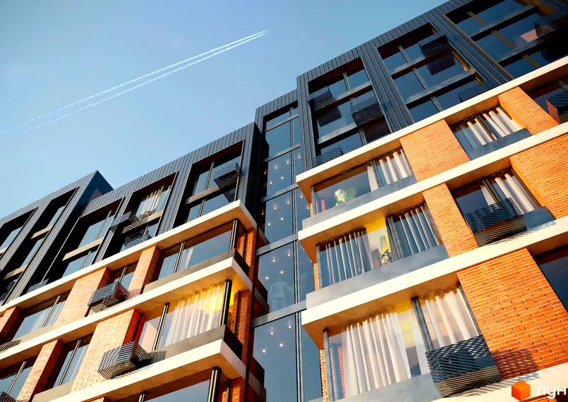 Житловий комплекс Євромісто 2: фасади з цегляним оздобленням та панорамними вікнами, на тлі блакитного неба з літаком.