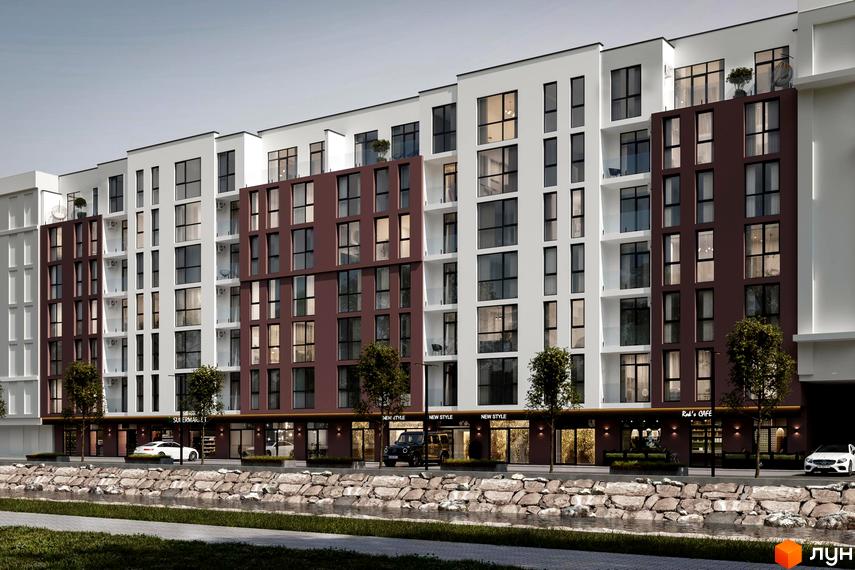 Житловий комплекс Набережний квартал з білими та темно-коричневими фасадами, комерційними приміщеннями на першому поверсі та набережною з річкою.