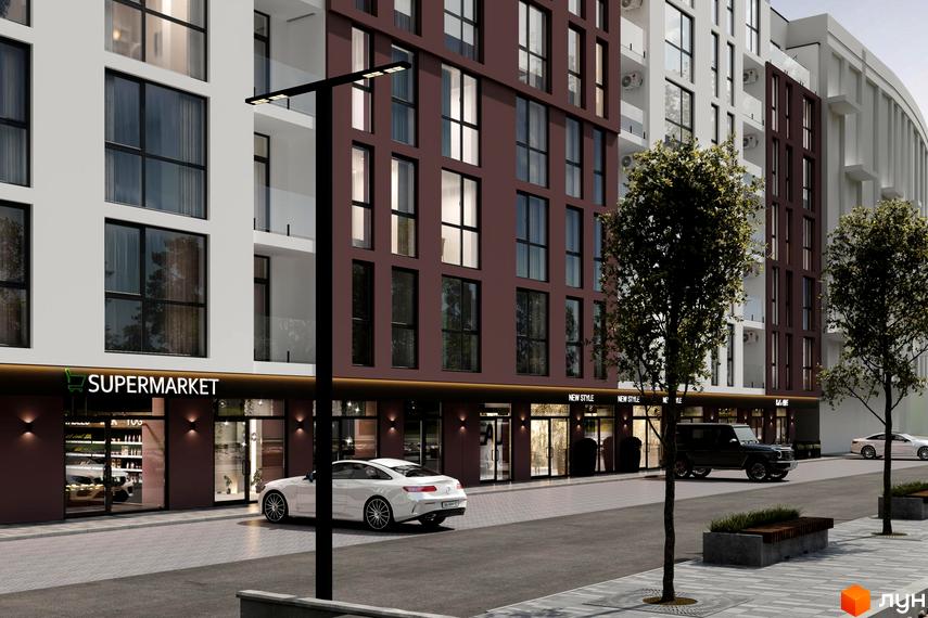 Зовнішній вигляд будинку в Житловому комплексі Набережний квартал з магазинами на першому поверсі та припаркованими авто.