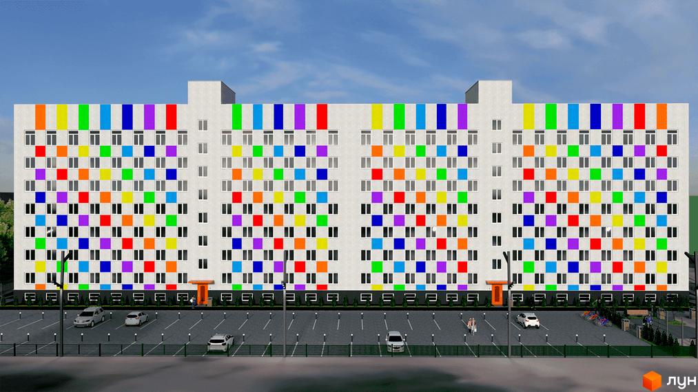 Багатоповерховий будинок Житлового комплексу Воробйовi гори PRO з білим фасадом, прикрашеним різнокольоровими квадратними візерунками. Перед ним розташований паркінг з автомобілями.