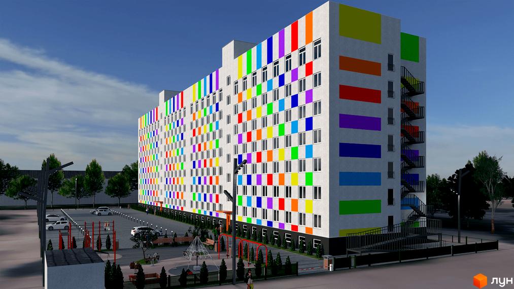 Житловий комплекс Воробйовi гори PRO з яскравим фасадом у кольорову смужку та дитячим майданчиком поруч.