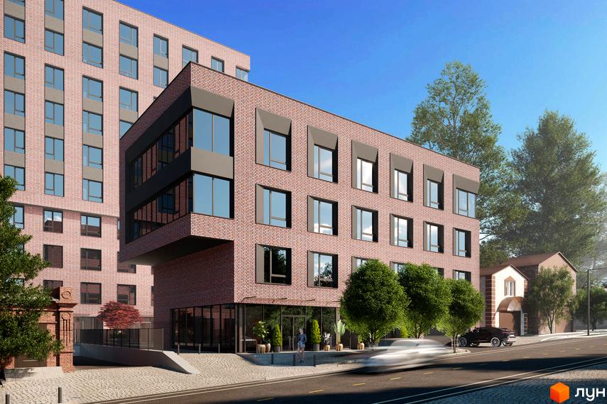 Фасад житлового комплексу на вулиці Гончара, 38-42, з цегляним оздобленням та великими вікнами. Поруч розташована прибудинкова територія з деревами та дорогою.