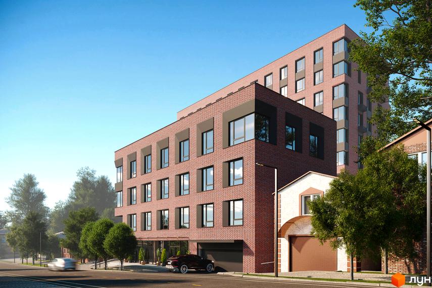 Зовнішній вигляд новобудови на вул. Гончара, 38-42 з цегляним фасадом та великими вікнами. Поруч розташована прибудинкова територія з деревами та дорогою.