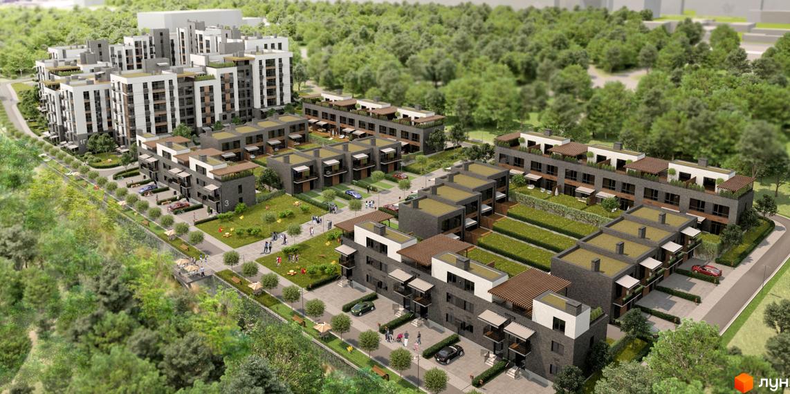 Таунхауси Forest Hill - комплекс із цегляних будинків із терасами та зеленими зонами. На території є дитячі майданчики, місця для відпочинку та паркування.