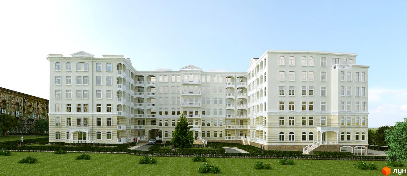 Зображення фасаду та прибудинкової території Будівельного проєкту Будинок Потоцького. На передньому плані зелений газон з кущами.