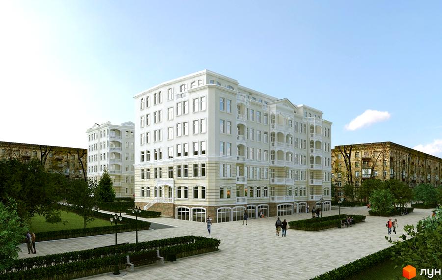 Зображення фасаду Будівельного проєкту Будинок Потоцького та прибудинкової території з ландшафтним дизайном.