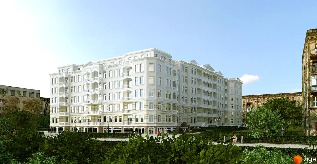 Зображення фасаду та прибудинкової території Житлового комплексу Будинок Потоцького. Вигляд новобудови з озелененням.