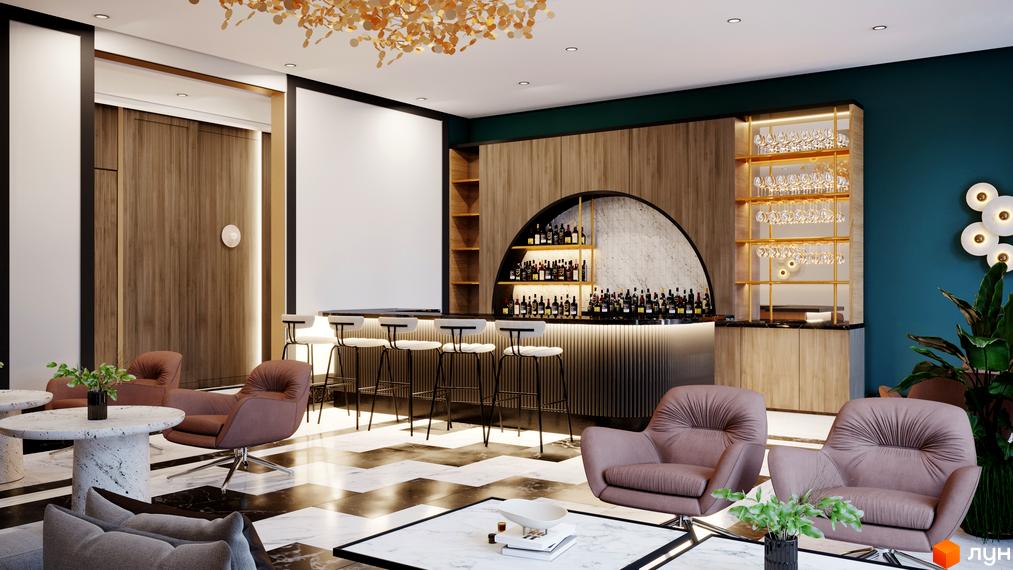 Інтер'єр лаунж-зони з баром та м'якими кріслами в житловому комплексі Doma Trabotti. Дизайн простору з акцентом на дерев'яні елементи та сучасні меблі.