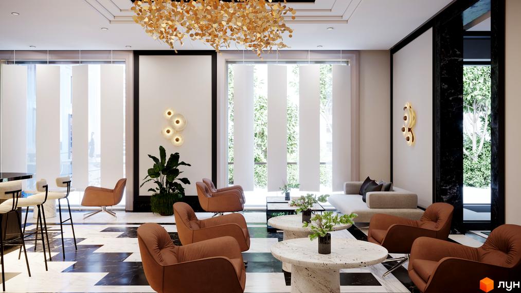 Інтер'єр вітальні в житловому комплексі Doma Trabotti з коричневими кріслами, диваном та журнальними столиками. Великі вікна виходять на зелену зону.