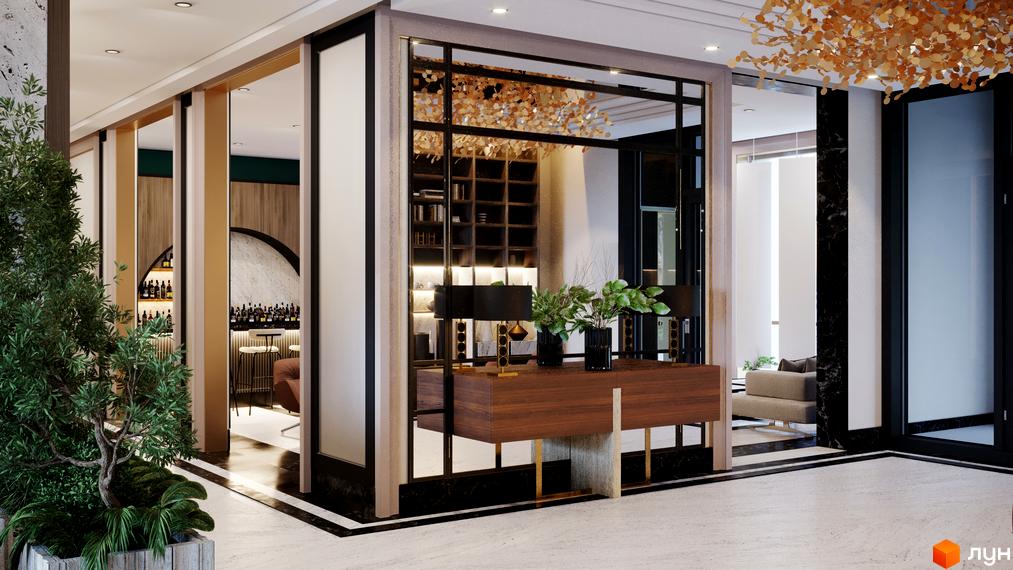 Інтер'єр житлового комплексу Doma Trabotti з баром та зоною відпочинку. Сучасний дизайн та комфорт для вашого життя.