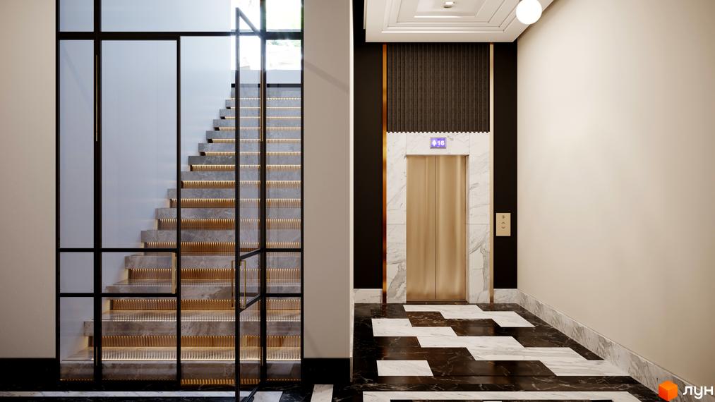 Сучасний дизайн холу з ліфтом та сходами в житловому комплексі Doma Trabotti. Елегантні мармурові елементи та підсвітка сходів створюють вишукану атмосферу.