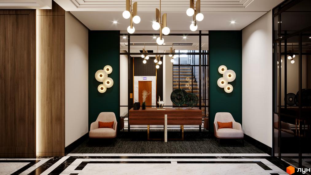 Інтер'єр холу новобудови Doma Trabotti з елегантними меблями, освітленням та оздобленням стін. Дизайн інтер'єру створює затишну атмосферу.