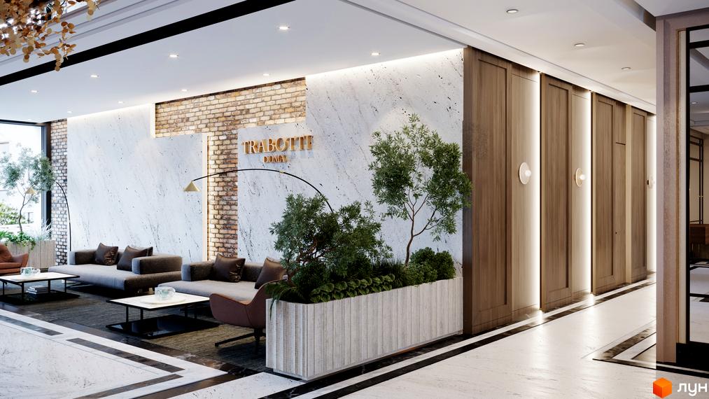 Інтер'єр лобі житлового комплексу Doma Trabotti з диванами, кавовими столиками та рослинами. Сучасний дизайн з цегляними та мармуровими елементами.