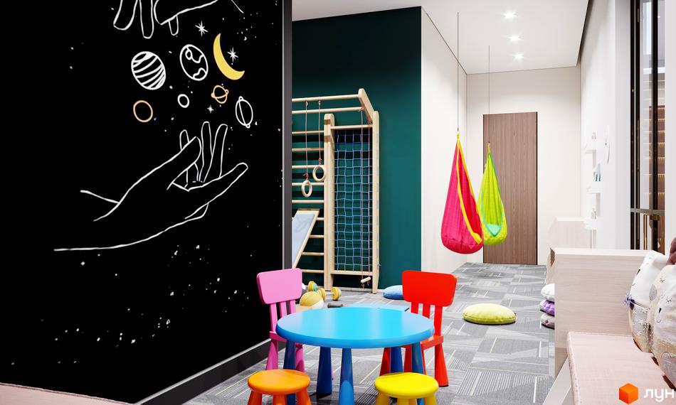 Дитяча кімната в житловому комплексі Doma Trabotti з яскравими меблями та ігровими елементами, що створює комфортне середовище для дітей.