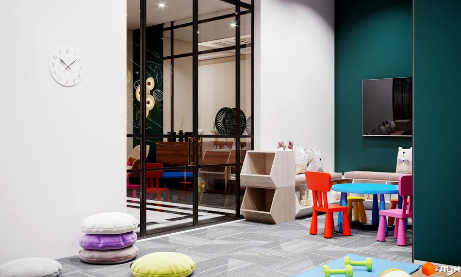 Дитяча кімната в житловому комплексі Doma Trabotti з яскравими меблями та іграшками. Сучасний дизайн інтер'єру для дітей.