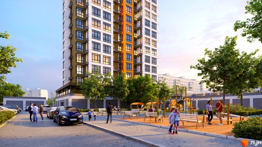 Житловий комплекс Городок з фасадом з білої та оранжевої плитки, дитячим майданчиком та місцями для відпочинку.