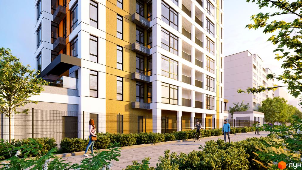 Висотна будівля Житлового комплексу Городок з великими вікнами та балконами. На прибудинковій території зелені насадження та тротуар.