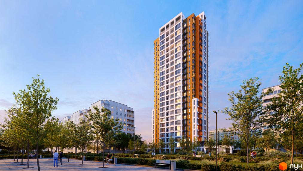 Висотна будівля ЖК Городок з фасадом у поєднанні білого та коричневого кольору. На передньому плані зелені насадження та алея для прогулянок.