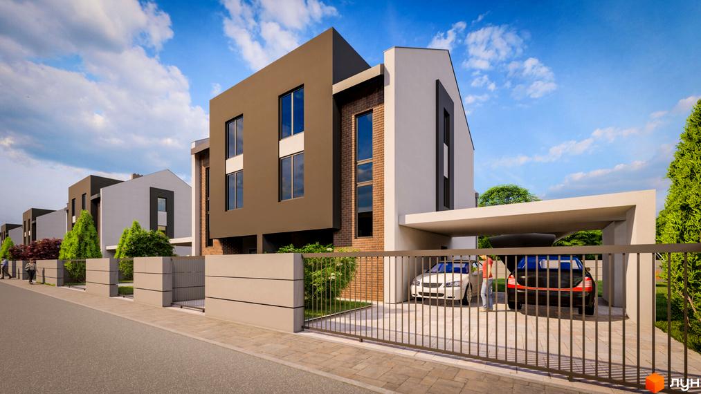 Будинки в житловому комплексі Premium Space з темним фасадом та панорамними вікнами. На території комплексу є парковка та зелені насадження.