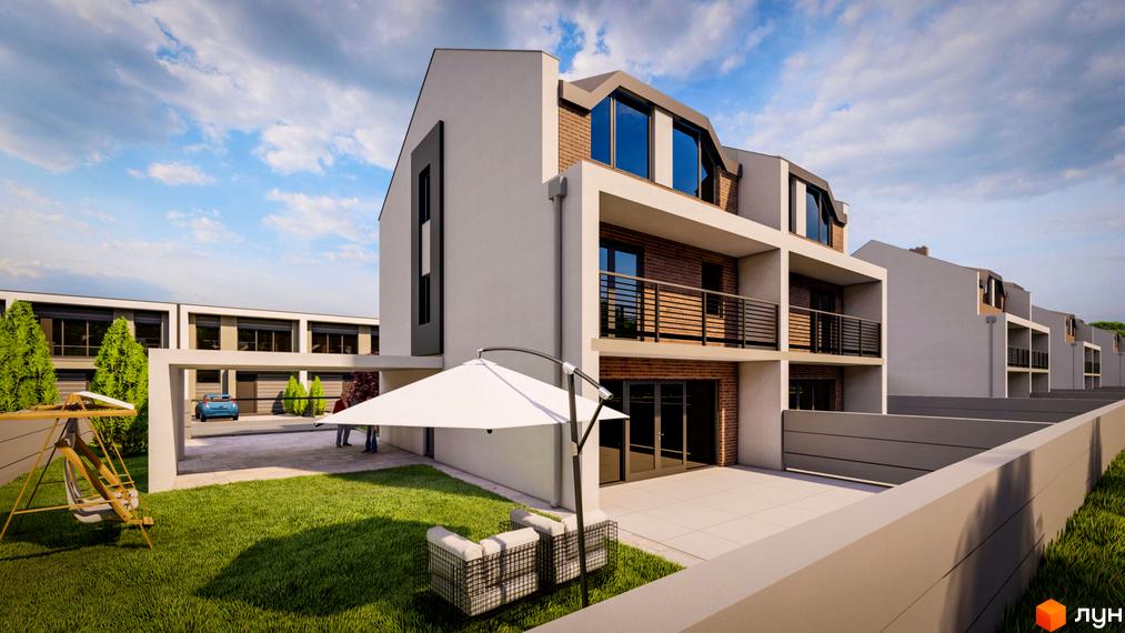 Зовнішній вигляд будинку житлового комплексу Premium Space з балконами та терасою, газон та зона відпочинку з парасолькою.