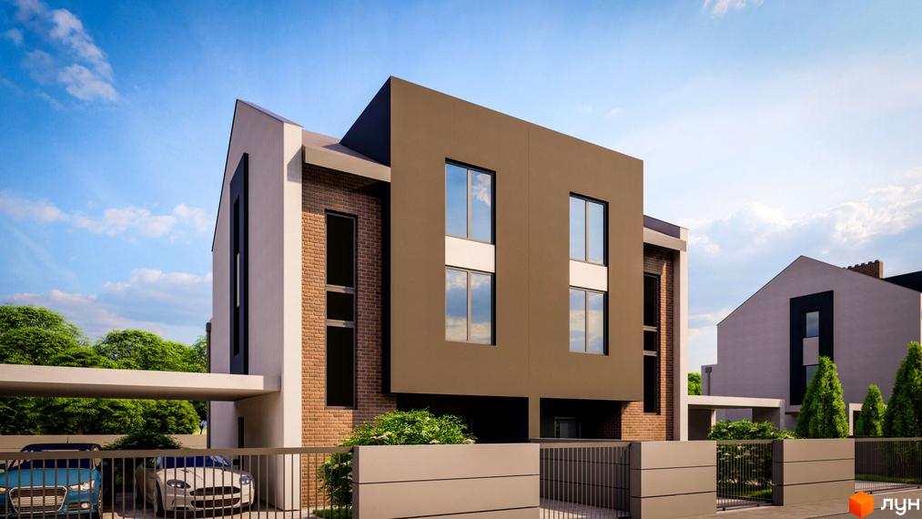 Зовнішній вигляд будинку Premium Space з коричневим фасадом та великими вікнами. На території комплексу є парковка для автомобілів та зелені насадження.