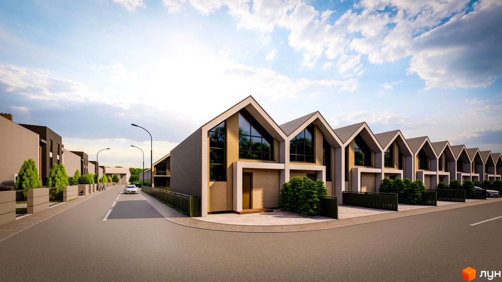 Ряд будинків з великими вікнами та похилими дахами в житловому комплексі. Навколо будинків асфальтована дорога та зелені насадження.