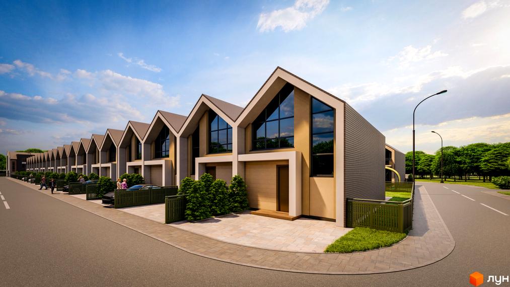 Ряд будинків з гострими дахами та великими вікнами. Перед будинками розташована вимощена бруківкою територія з зеленими насадженнями та парканом, а також дорога.