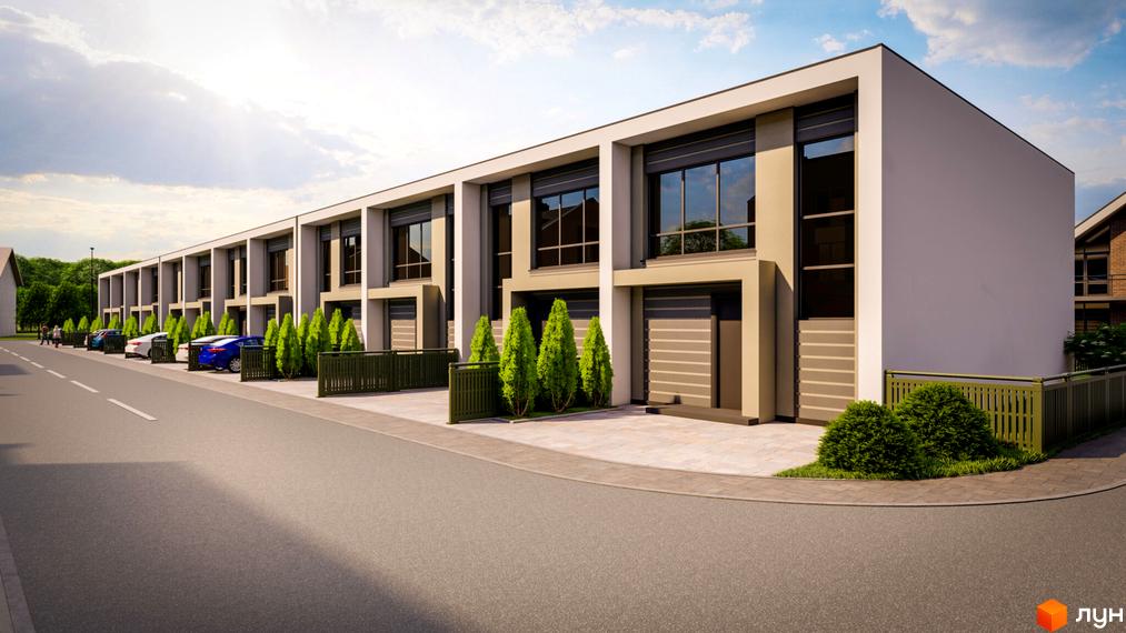 Зображення житлового комплексу Premium Space з архітектурою в стилі мінімалізму. Біля будинку асфальтована дорога, зелені насадження та парковка для автомобілів.