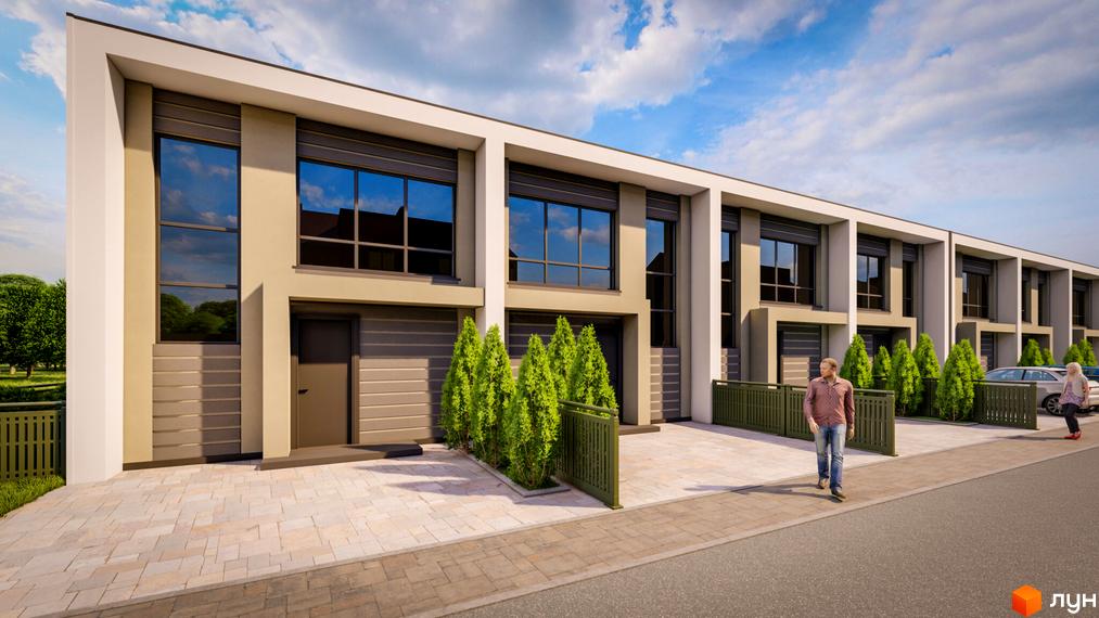 Зображення фасаду будинку Premium Space з великими вікнами та вхідними дверима. Перед будинком тротуарна плитка, зелені насадження та огорожа.