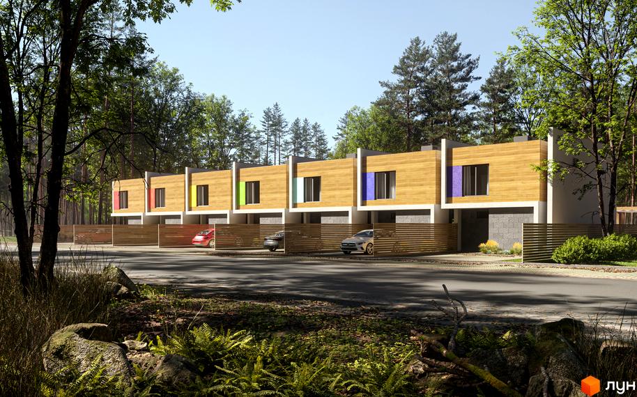 Котеджне містечко КМ NOTA Village: сучасні будинки з дерев'яним фасадом та кольоровими вікнами, розташовані серед лісу. Прибудинкова територія з доглянутим газоном та парканом.