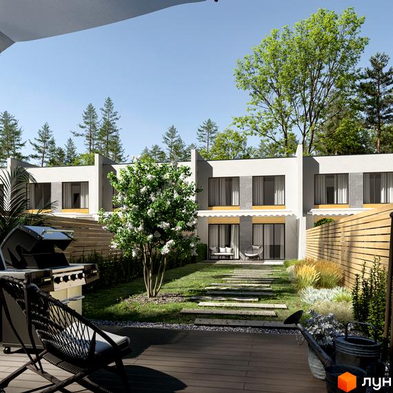 Зображення фасаду будинку КМ NOTA Village з терасою, газоном та доріжкою з каменю. На задньому плані дерева та зелень.