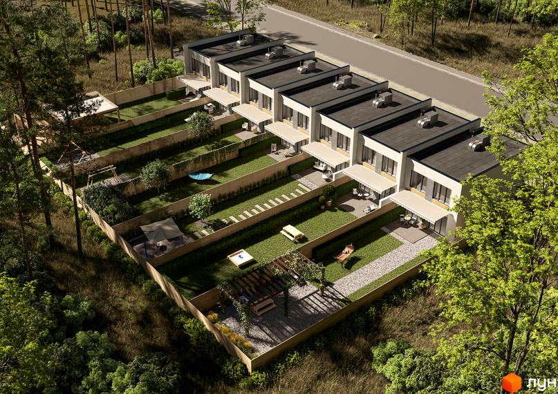 Зображення КМ NOTA Village: ряд двоповерхових будинків з терасами та газонами, огороджені парканом, з дитячим майданчиком та зоною відпочинку.