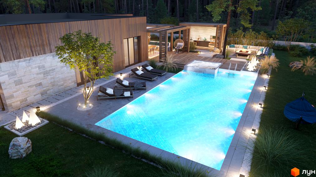 Зображення сторінки житлового комплексу КМ NOTA Village. Дерев'яний будинок з басейном, зоною відпочинку та ландшафтним дизайном на прибудинковій території.