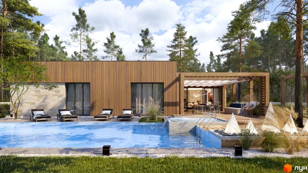 Котеджне містечко КМ NOTA Village з басейном та терасою. Будинок з дерев'яним фасадом та великими вікнами оточений соснами.