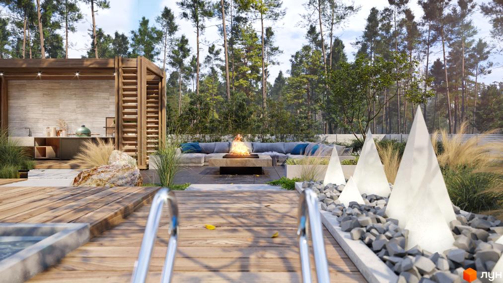 КМ NOTA Village - будинок з деревʼяним оздобленням та сходами, поруч зона відпочинку з вогнищем та басейном, навколо дерева.