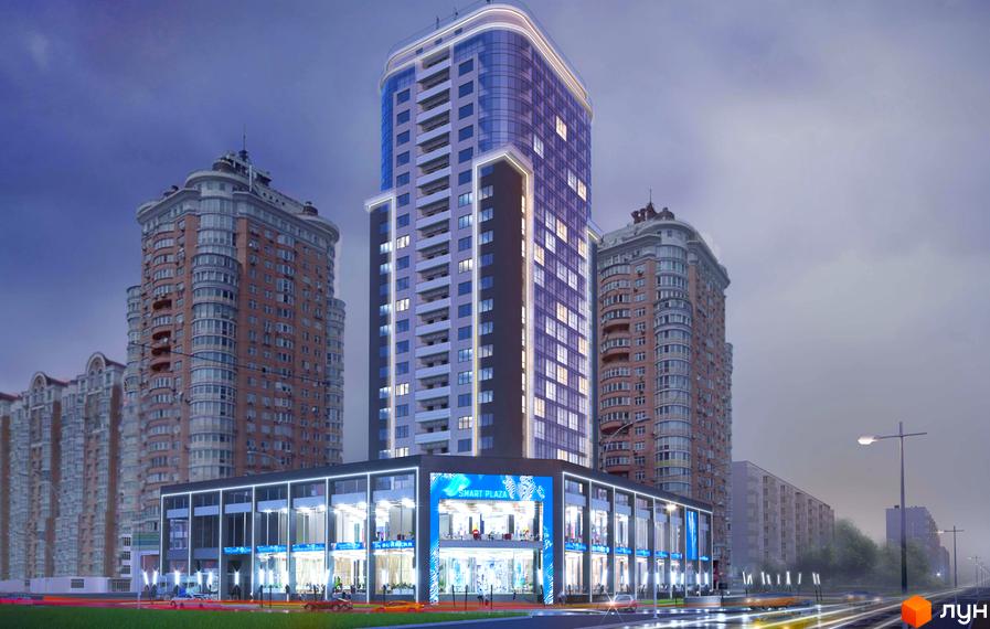 Житловий комплекс Smart Plaza Obolon – це сучасна новобудова з елегантним фасадом та великими вікнами. Навколо комплексу розташовані зелені зони та зручна інфраструктура.