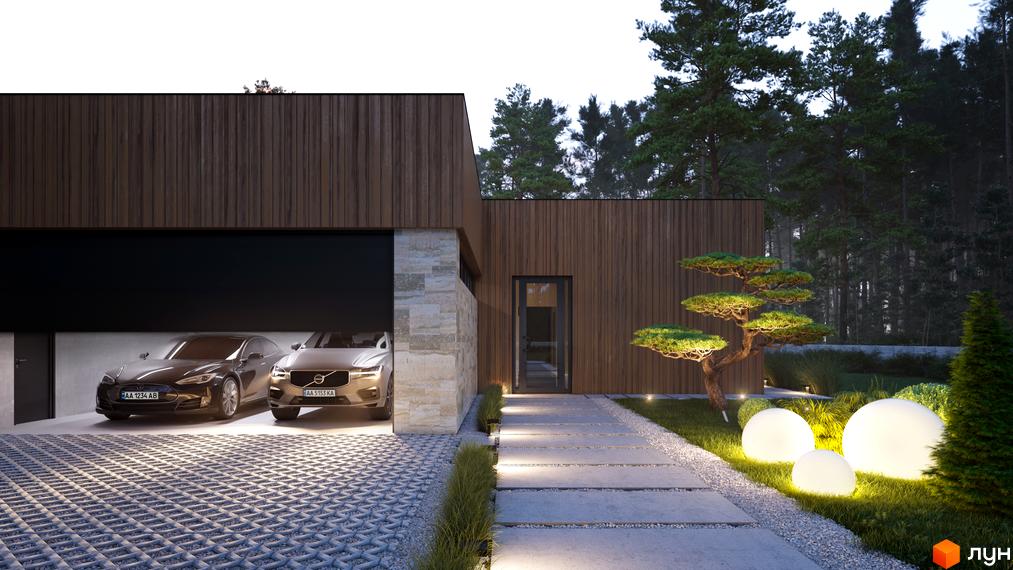 Елегантний будинок з дерев'яним фасадом та гаражем на два авто в Містечко котеджів NOTA Village. Доглянута прибудинкова територія з декоративними рослинами та підсвічуванням.