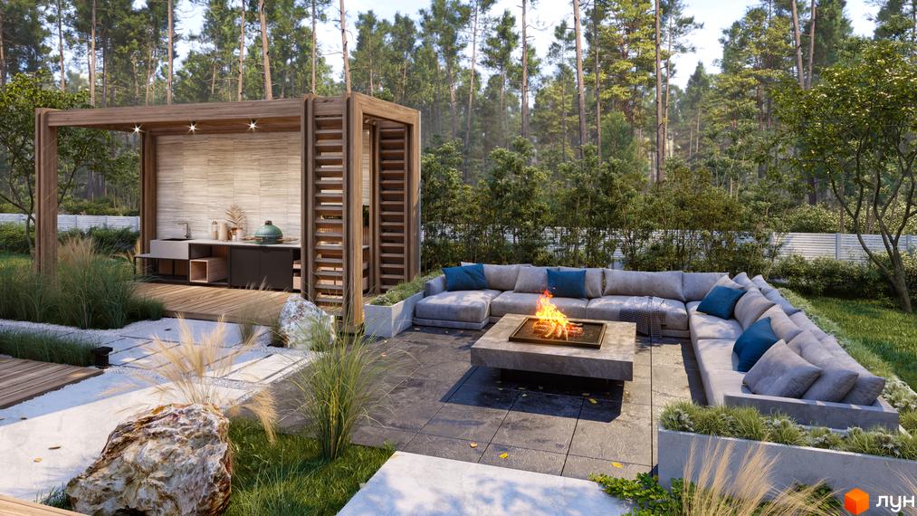 Затишний куточок відпочинку з дерев'яною альтанкою, зоною барбекю та комфортними меблями для відпочинку на території Містечко котеджів NOTA Village.