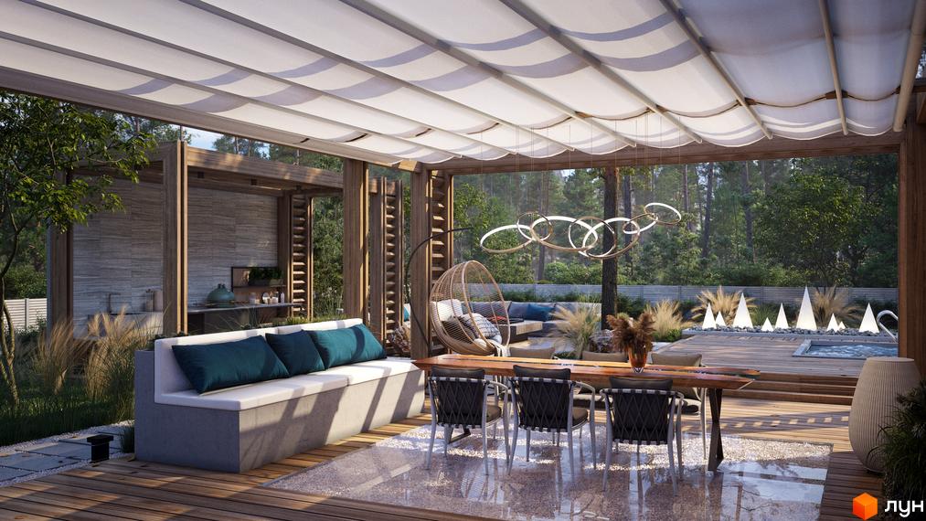 Простора тераса в котеджному містечку КМ NOTA Village з зоною відпочинку, обіднім столом та басейном на задньому дворі.