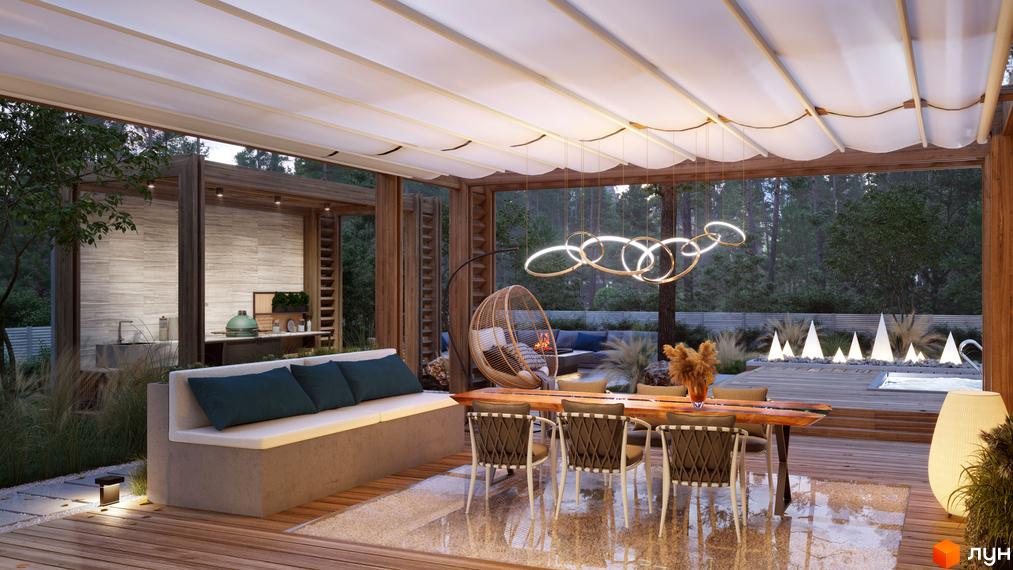 Затишна тераса в Містечку котеджів NOTA Village з дерев'яною підлогою, м'якими меблями та зоною для відпочинку з видом на ліс.