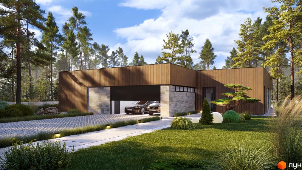 Котеджне містечко KM NOTA Village: двоповерховий будинок з дерев'яним фасадом та великим гаражем, оточений соснами та доглянутим газоном.