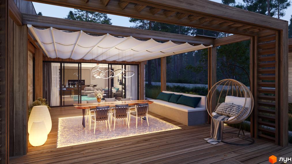 Тераса з зоною відпочинку та обіднім столом у котеджному містечку КМ NOTA Village. Відкритий простір з дерев'яною підлогою та зеленню навколо.
