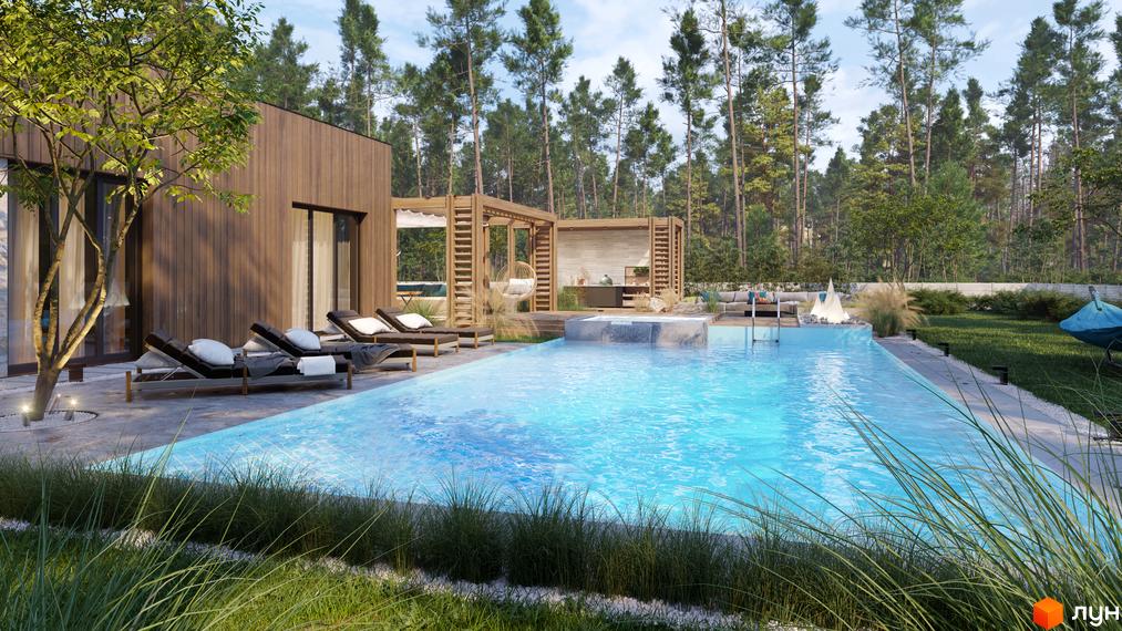 Дерев'яний будинок з басейном та зоною відпочинку в Містечку котеджів NOTA Village. На території є шезлонги, альтанка та зелена зона з деревами.