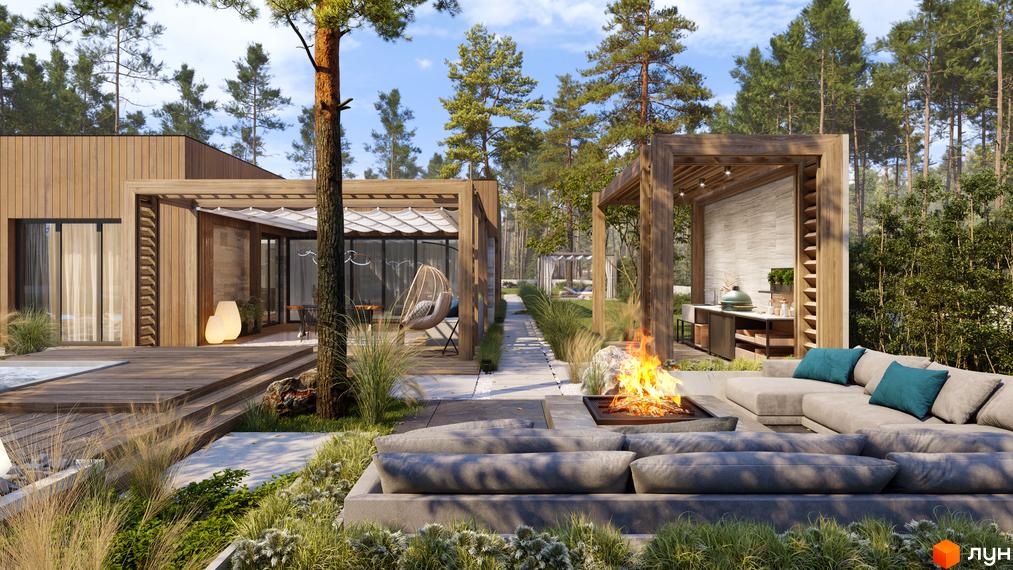 КМ NOTA Village: Дерев'яний будинок з терасою та зоною відпочинку з вогнищем. На подвір'ї доріжки, зелені насадження та підвісне крісло.