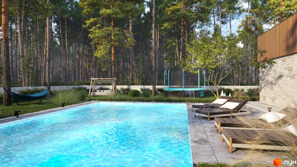 Басейн біля будинку з терасою, шезлонгами та видом на ліс. Містечко котеджів NOTA Village - ідеальне місце для заміського життя.