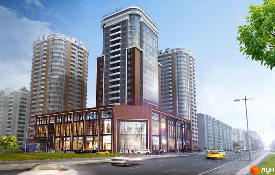Зовнішній вигляд новобудови Smart Plaza Obolon з фасадами з цегли та скла. Навколо комплексу розташована прибудинкова територія з дорогою та деревами.