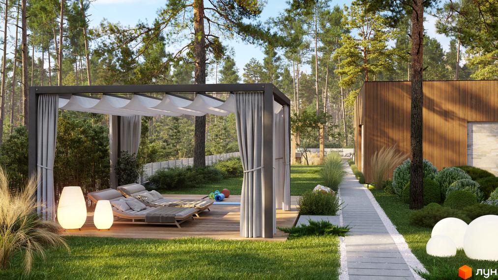 Затишний котедж з дерев'яним фасадом у КМ NOTA Village. На території є альтанка для відпочинку, доріжки з бруківки та зелені насадження.