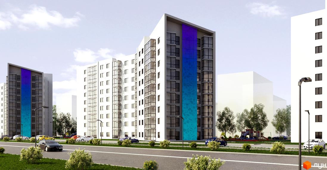 Житловий комплекс SANTORINI з білими фасадами та яскравою кольоровою смугою на головній будівлі. На прибудинковій території розташовані дерева, дитячий майданчик та припарковані автомобілі.