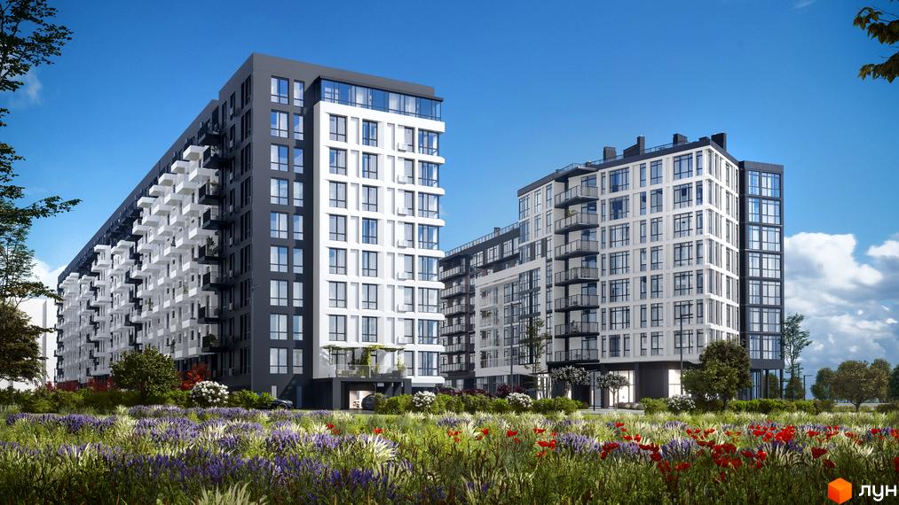 Зображення багатоповерхового будинку в Житловому комплексі Kokos Avenue. На передньому плані зелена прибудинкова територія з квітами.