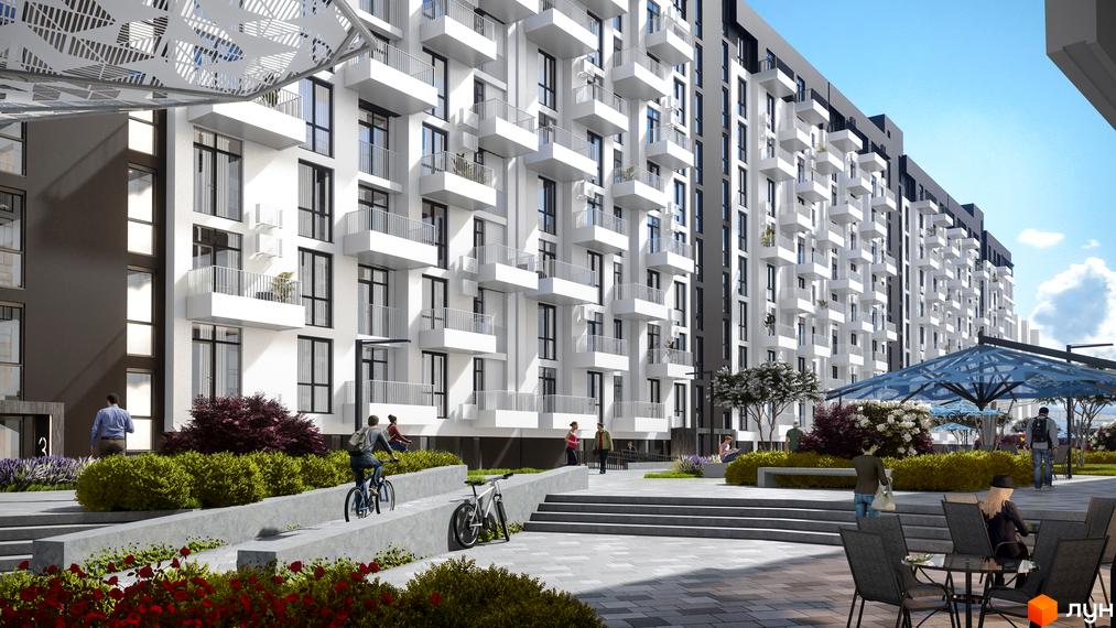 Зображення фасаду та прибудинкової території Житлового комплексу Kokos Avenue. Багатоповерхова будівля з балконами, зелені насадження, пішохідна зона.